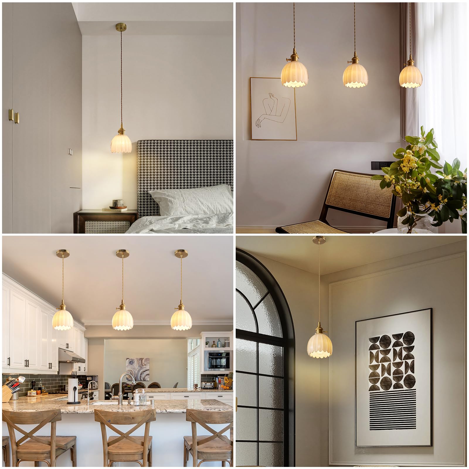 Shenmoyl 1 Light Pendant Light White Glass Hanging Light, E26/E27 Drop Ceiling Light Fixture Lamp for Farmhouse Kitchen Island Bedroom w/Vintage Flower Lampshade, Bulb Included