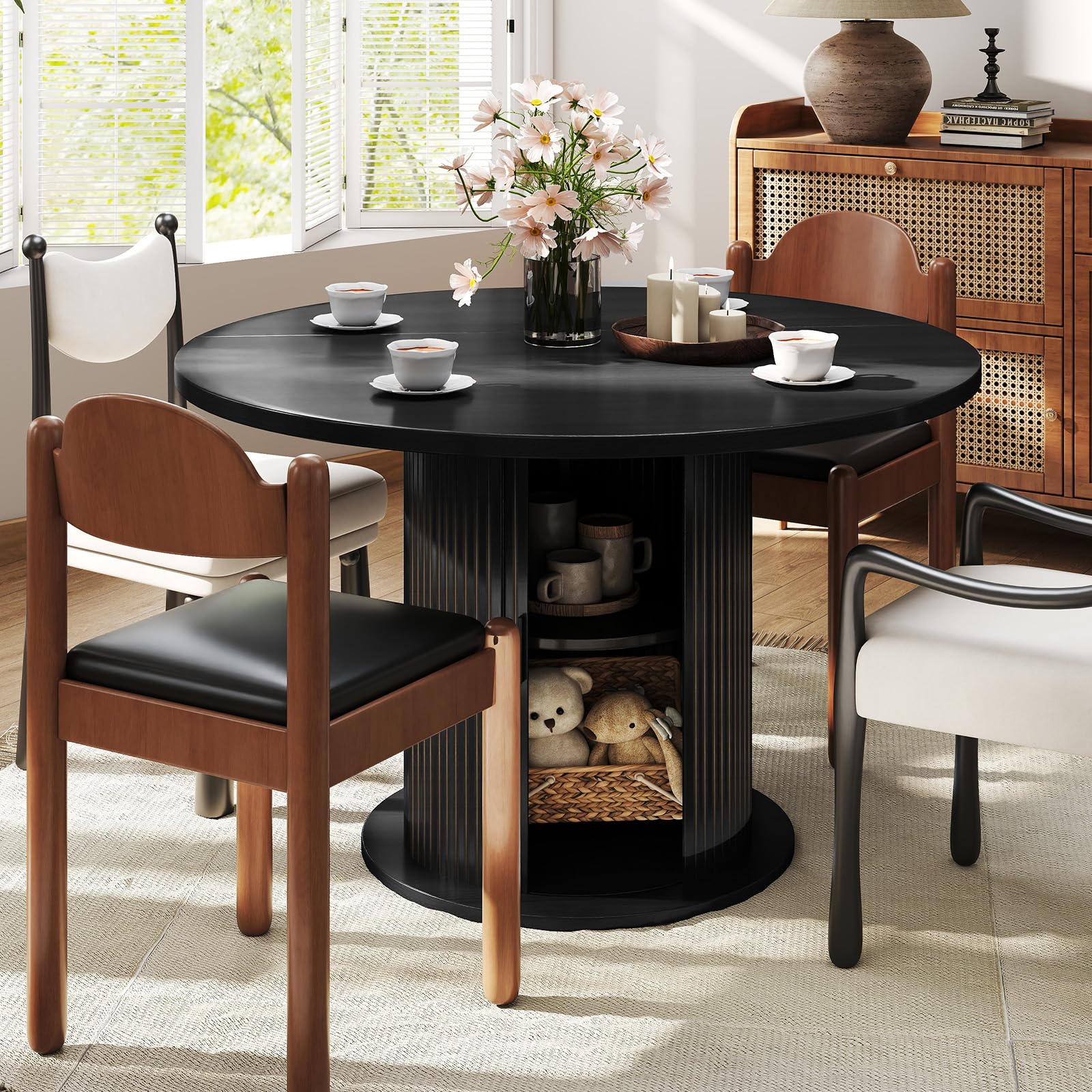 SoarFlash 47 Inch Round Dining Table for 4-6, Circle Farmhouse Kitchen Table with Storage Space, Wood Strip Base for Dining Room, Living Room, Lunch (Black)