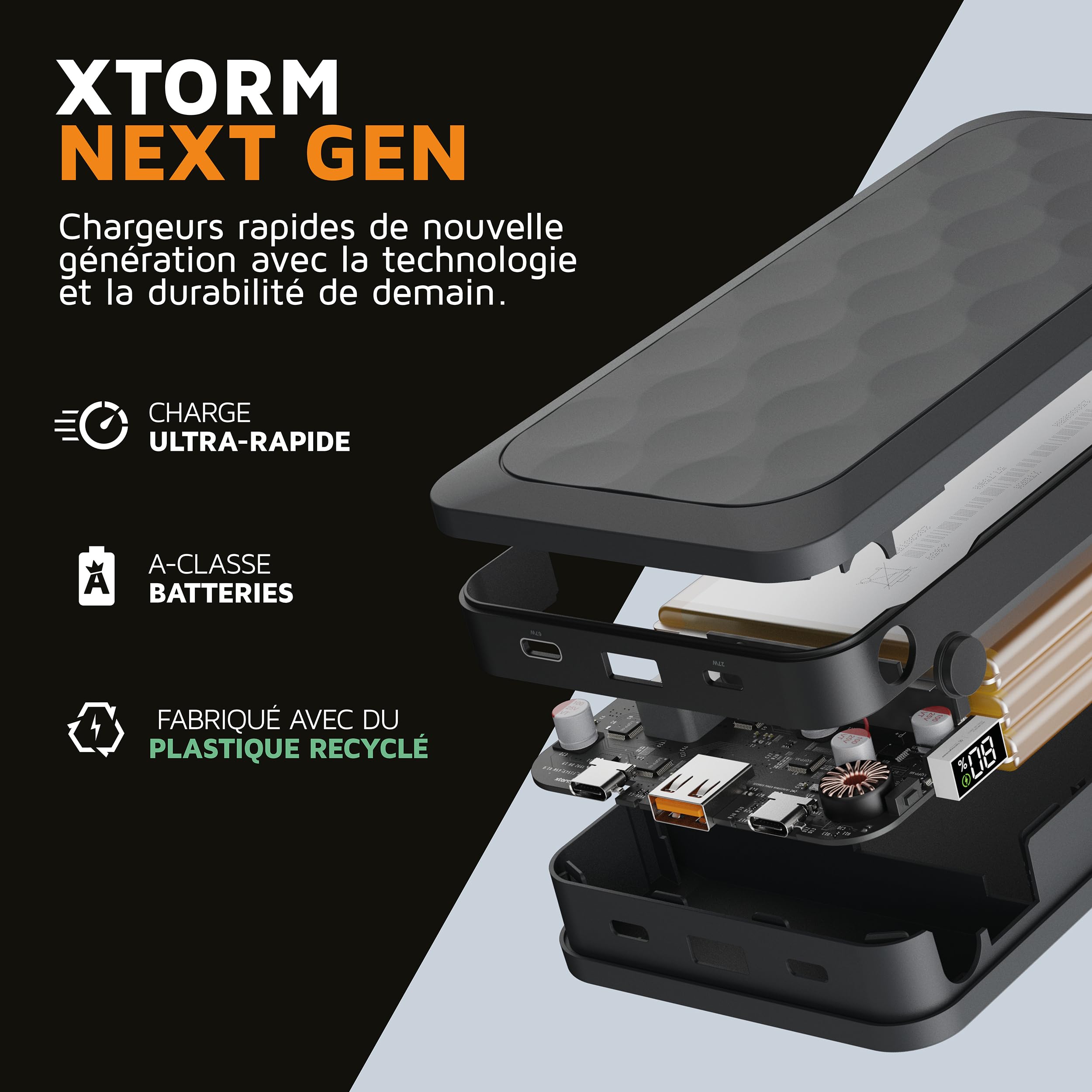 Xtorm 67W Série Fuel 5 Batterie Externe 45 000mAh, Affichage LED, 2 x USB-C / 1 x USB-A, Matériau 100% GRS, Fonctions de sécurité, Compatible avec Samsung et iPhone, Noir