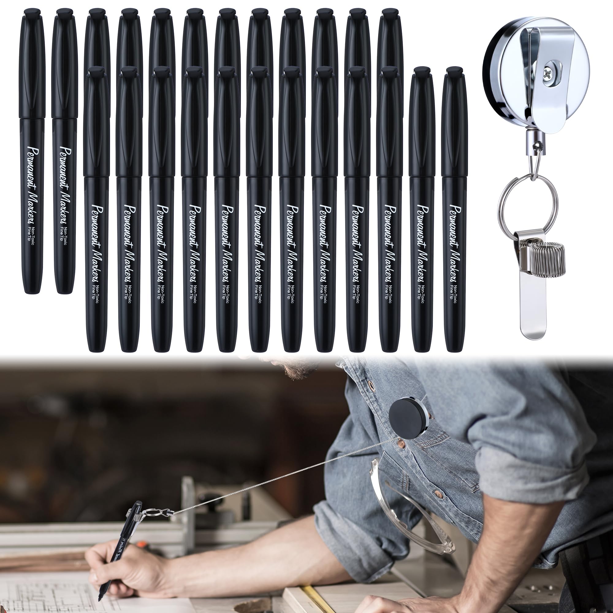Photo 1 of Landhoow 24 Count Permanent Markers, Fine Point Tip Black Permanent Marker Pens w/Retractable Pen Holder, 24 Markers Set and Retractable Pen Holder