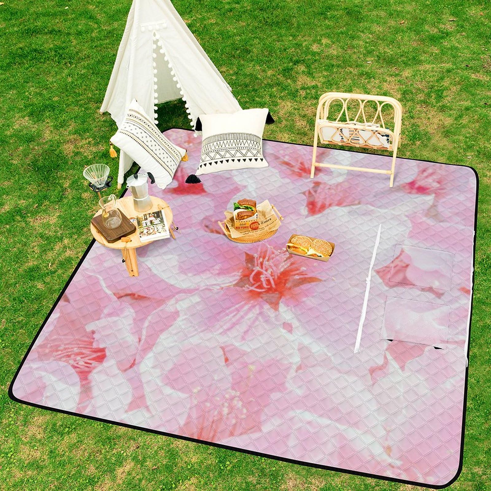 3D Stampa Fiore di pesca rosa Coperta Picnic Impermeabile Plaid Pic Nic Pieghevole Tappeto Pic Nic Per Pic-nic, Spiaggia, Campeggio, Parco, Giardino, Estate 200x200cm