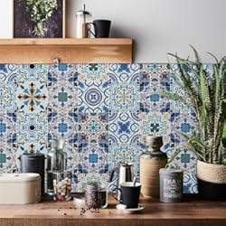 Friso Pared Escalera HORIWE Adhesivos para azulejos, 24 unidades, PVC, impermeable, a prueba de aceite, autoadhesivas, bricolaje, cocina, baño, nuevas calcomanías de pared, decoración del hogar (azul marroquí-B, 10 x 10