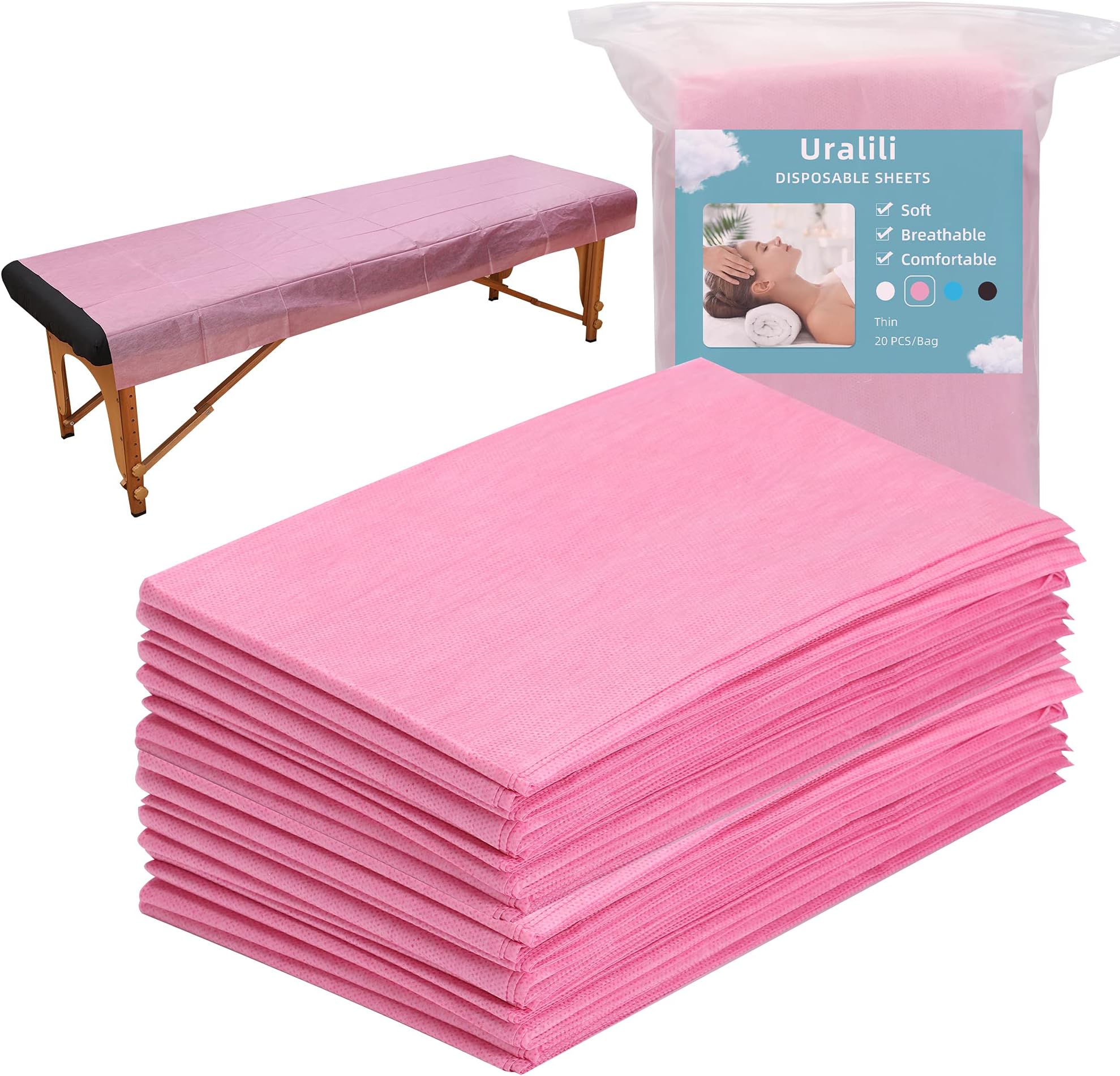 20PCS Massage Table Sheets Disposable Non Woven SPA Bed Cover Breathable Polypropylene Fabric 31" x 70" Thin, Not Waterproof （Pink）