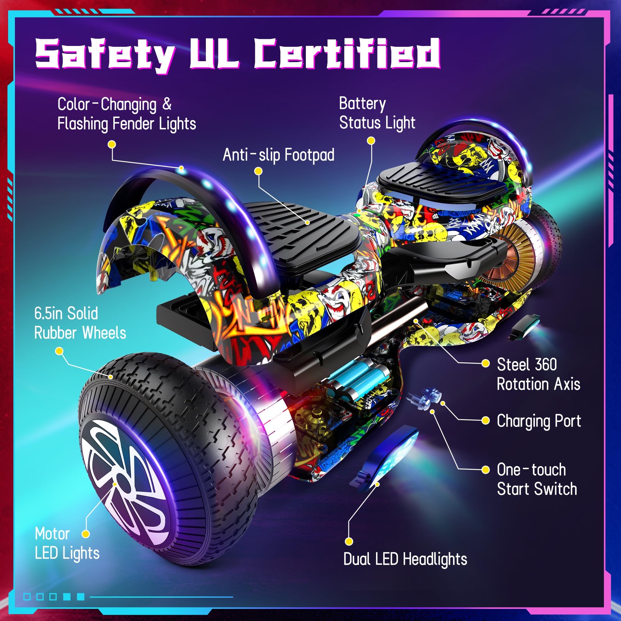 SISIGAD Hoverboard, 6.5 inch Self Balancing Scooter with Bluetooth LED Lights, Hover Board for Kids