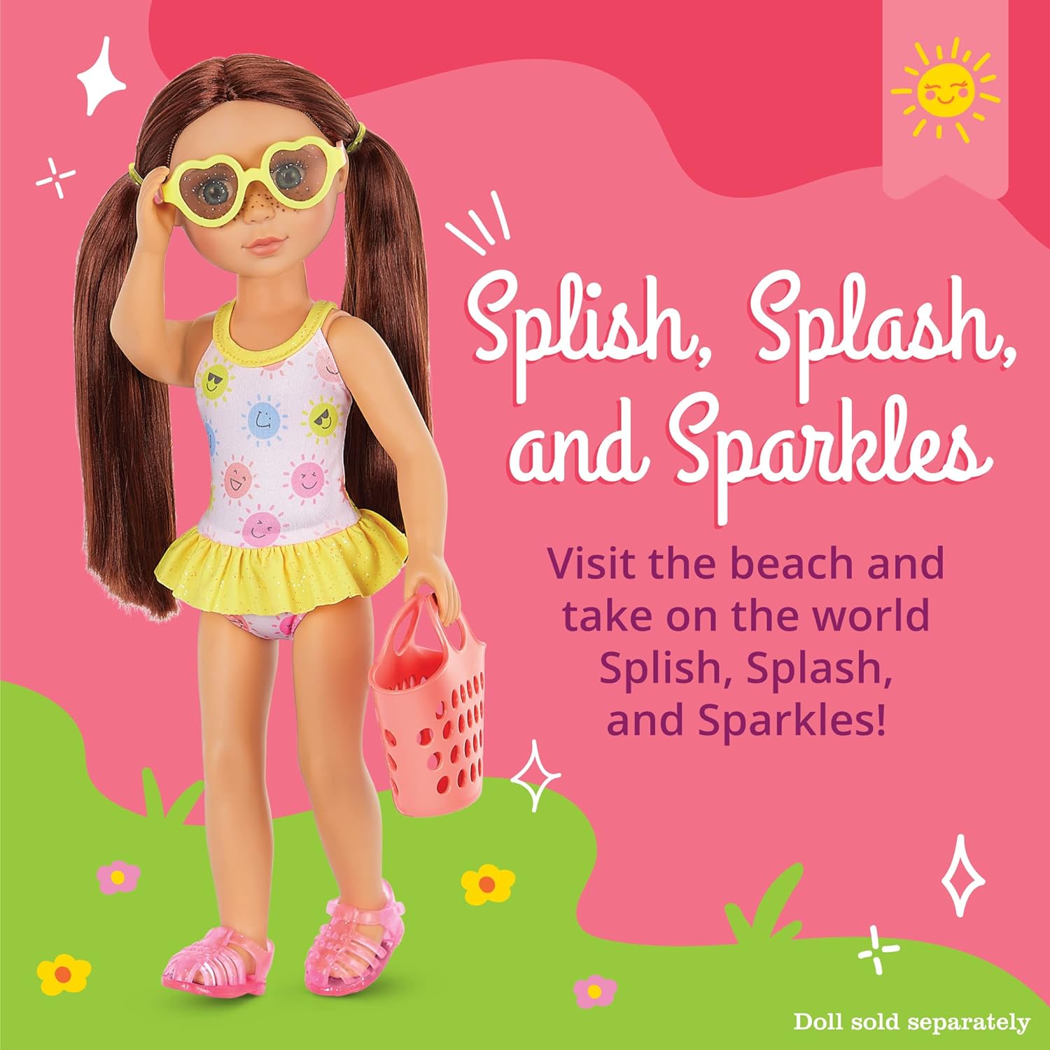 Glitter Girls – 14-Inch Doll Clothes – 4 Pieces Swimsuit Outfit – Sunny One Pieces & Beach Bag – Heart Sunglasses & Pink Sandals – 3+ Years – Splish, Splash, and Sparkles