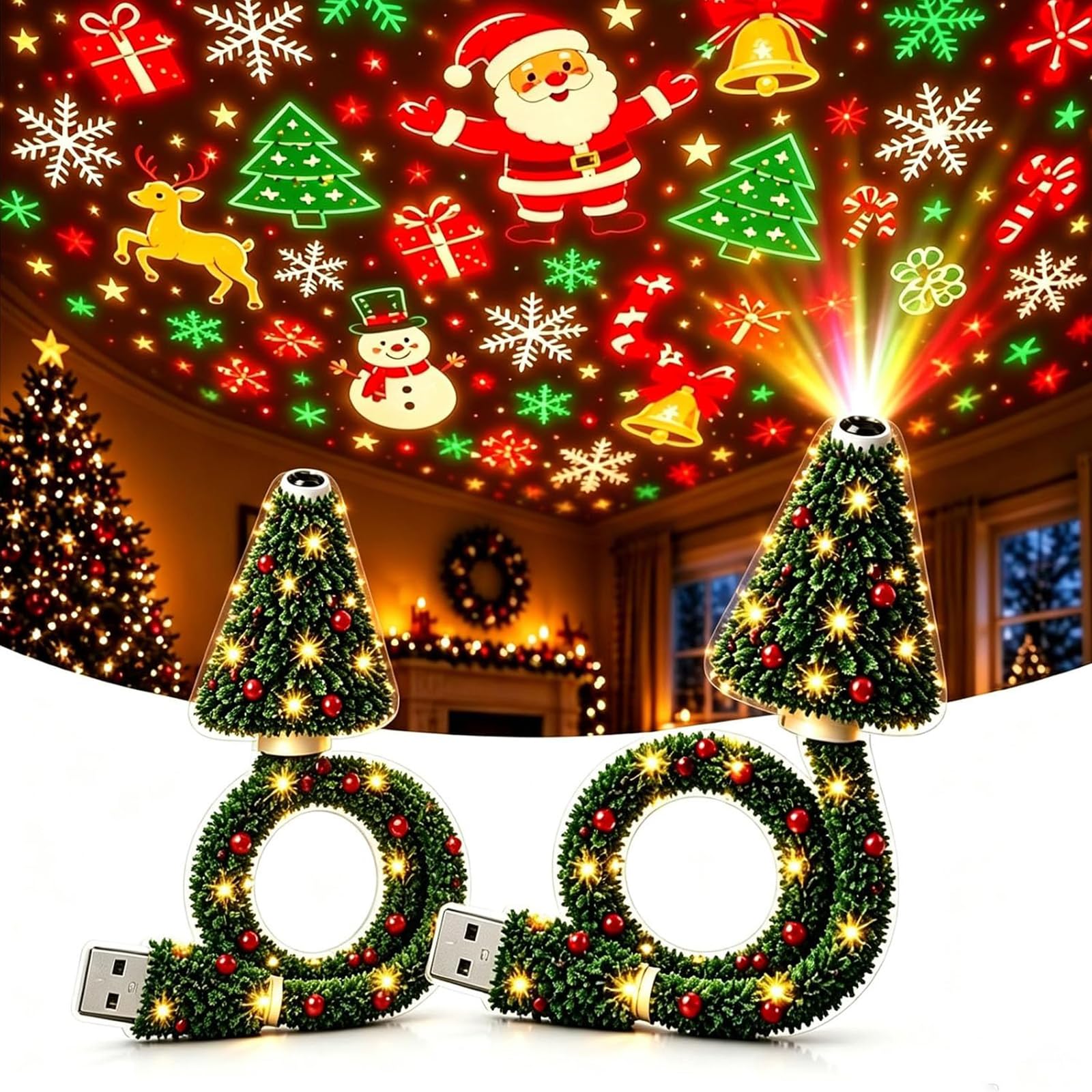 Proiettore luminoso natalizio, luce notturna a forma di albero di Natale con proiezione a soffitto e oltre 6 motivi festivi; ideale per camera da letto, soffitto, scrivania e decorazioni (2pcs)