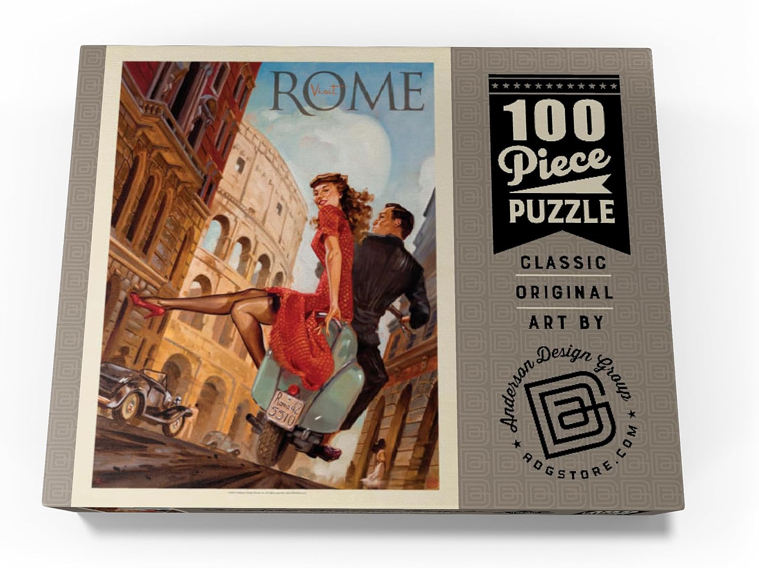 MyPuzzle Italy: Rome By Vespa, Vintage Poster - Premium 100 Piece Jigsaw Puzzle for Adults