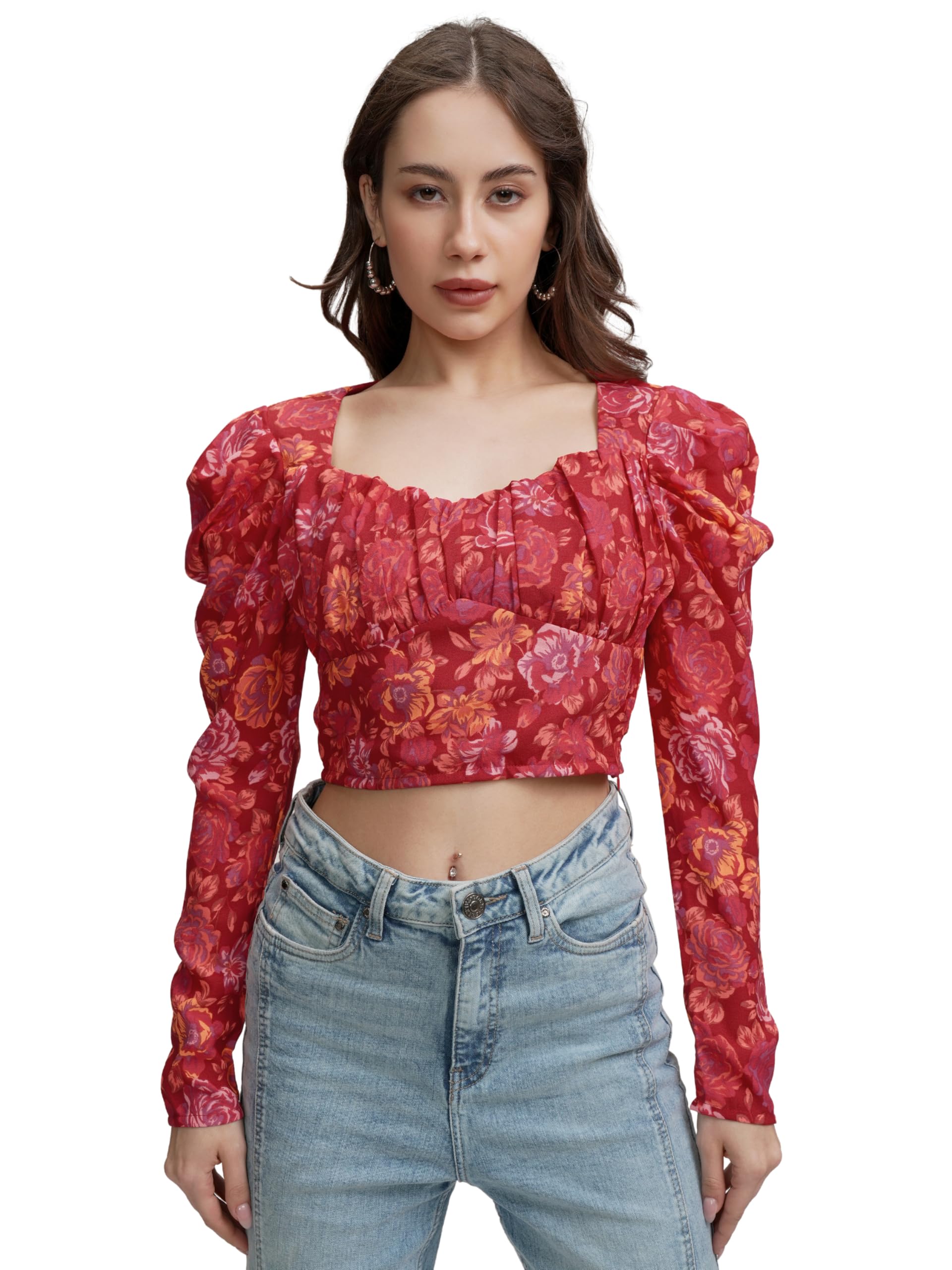 Tokyo Talkies Women's Floral Ruched Crop Top | Trendy Fitted Design with Vibrant Pink Print for A Chic Look | Tops for Woman | Women Tops | Women Crop Top-picture-11