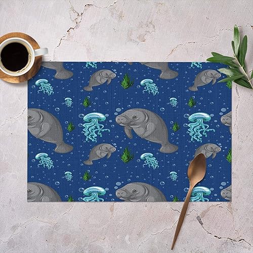 Miniatura 2 de HOSNYE Manatee - Juego de 4 manteles individuales para cocina, mesa de comedor, fondo sin costuras, con diseño de mar tropical, vida silvestre,