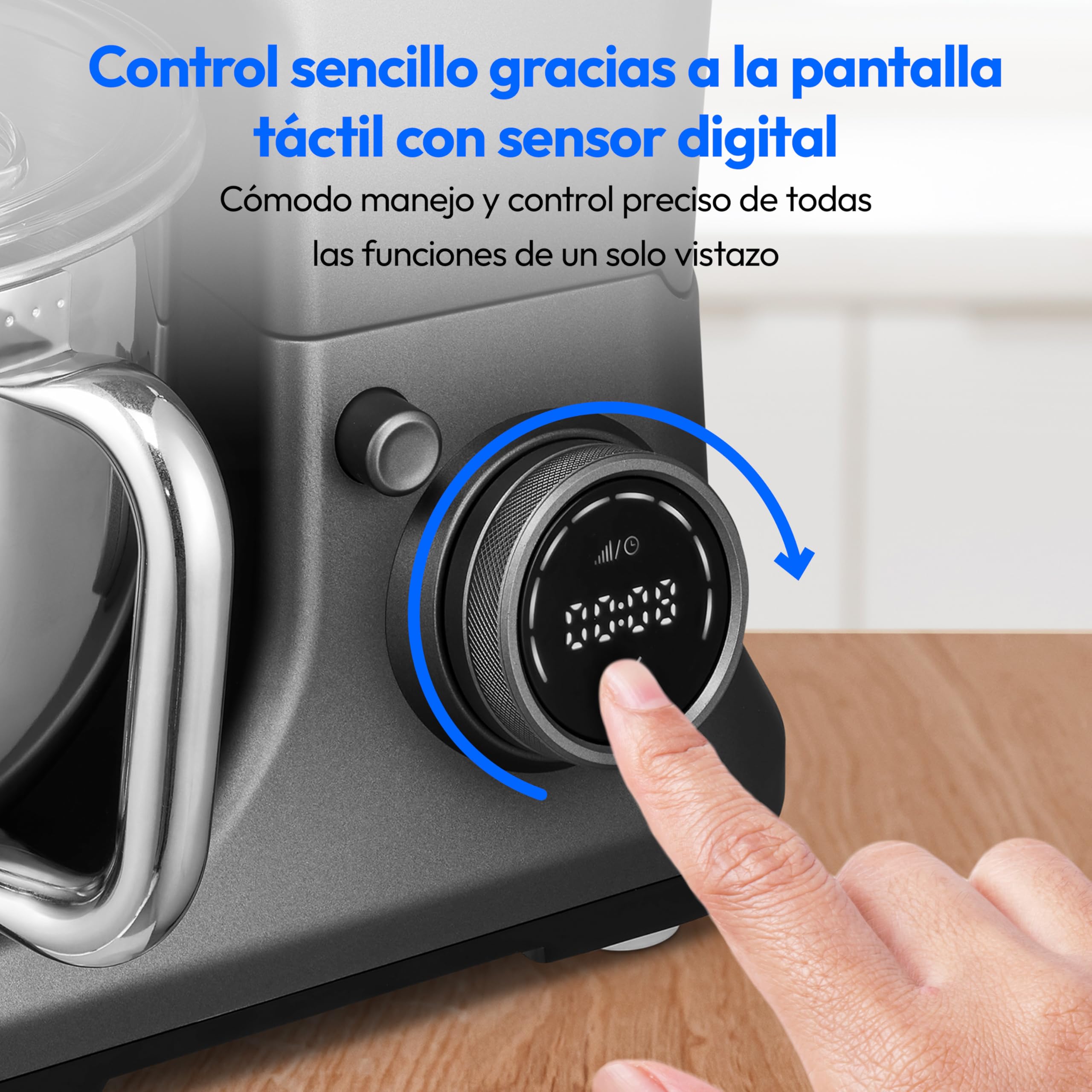 Procesador de alimentos universal MEDION 3 en 1 (digital, 1.200 vatios, 8 niveles, mezclar amasar batir mezclar picadora, bol para preparar helados, pantalla táctil digital, MD18430) Titanio