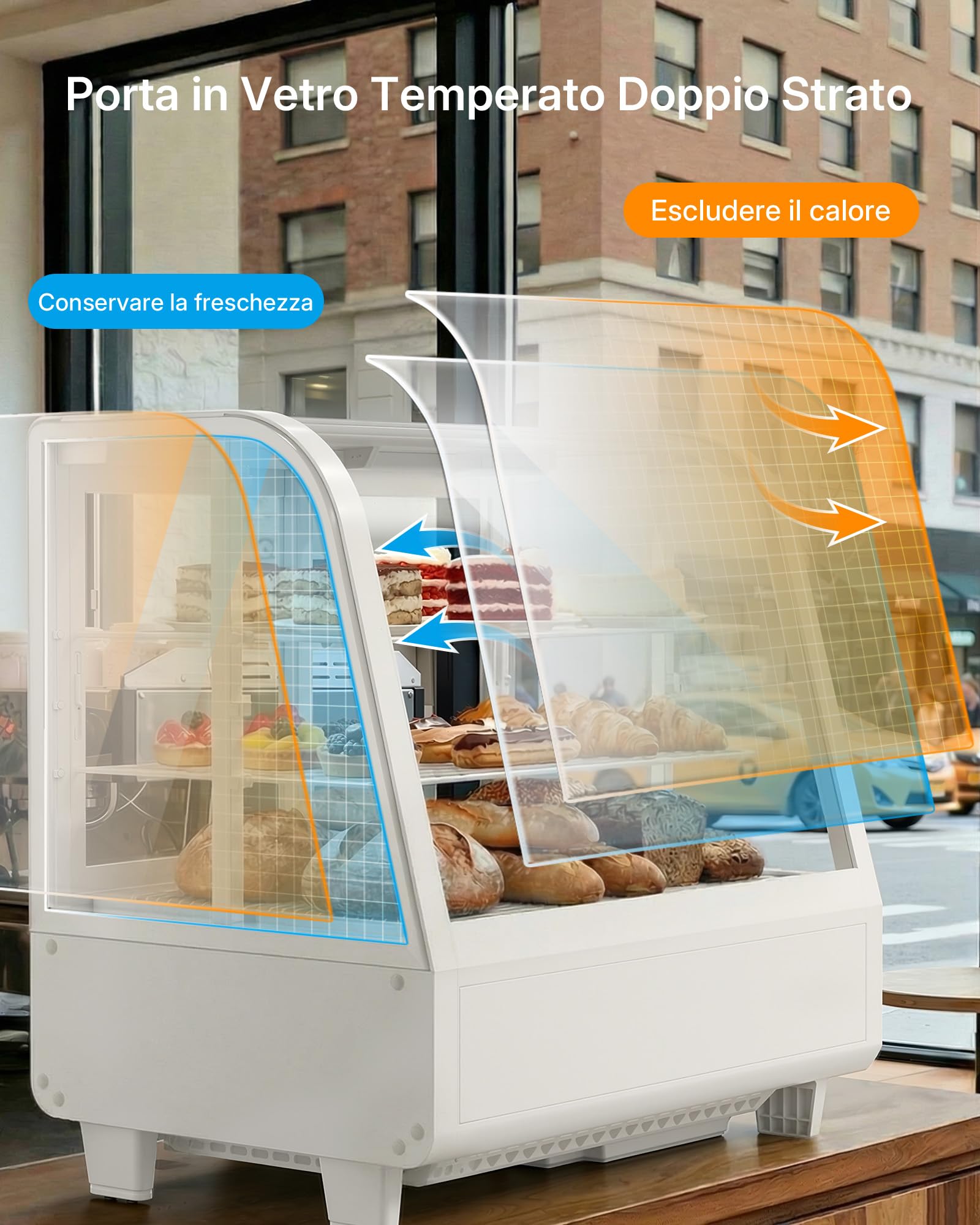 Upstreman Vetrina Refrigerata 100L con Illuminazione a LED, Controllo Digitale della Temperatura 2-10°C, 2 Ripiani Regolabili, per Caffè, Pasticceria e Panificio, CD101 Bianco