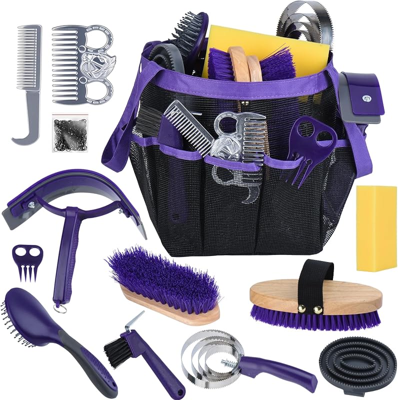 Kit de Escovas para Higiene de Cavalos TERPUP com 13 Peças e Bolsa Roxa