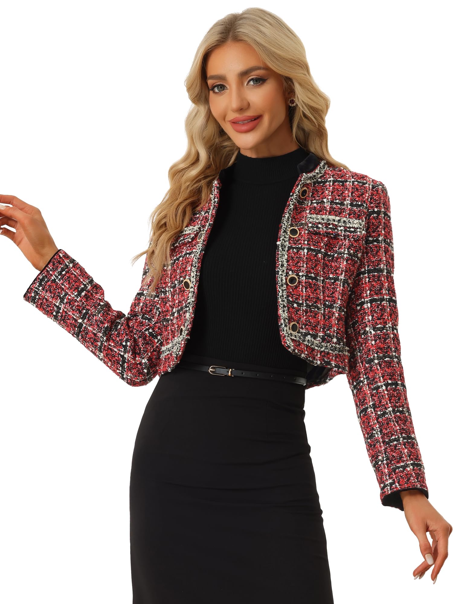Allegra K Tweed Plaid Jacket for Womens Dressy Casual Button Decor Open Front Christmas Vintage Cropped Blazer