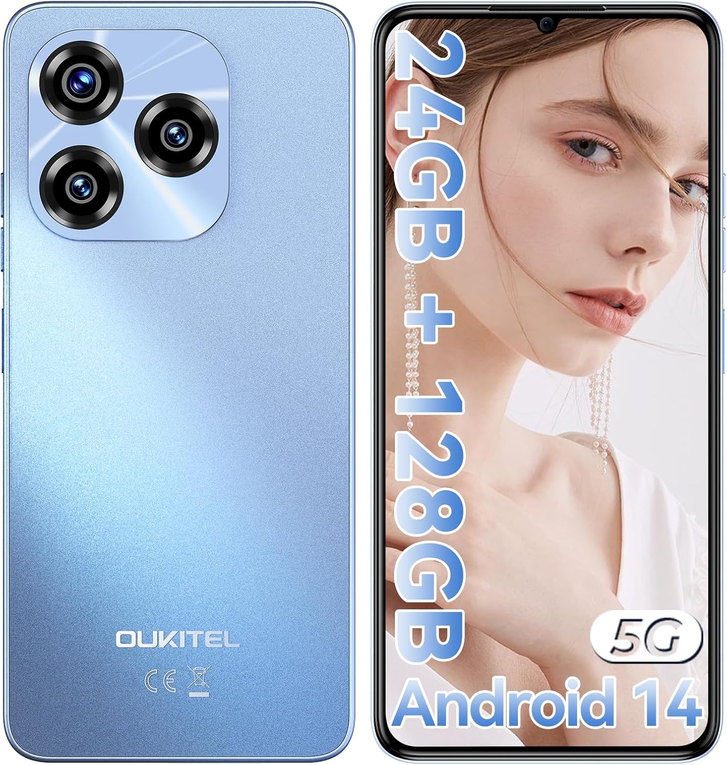 OUKITEL C50 Mobile phones 5g – Android 14 phone 24GB+128GB (1TB), 50MP+5MP Camera, 6.8″ HD+ Display Phones, 5150mAh Battery&10W, Sim-Free & Unlocked Mobile Phones, FaceID/Fingerprint/GPS/OTG