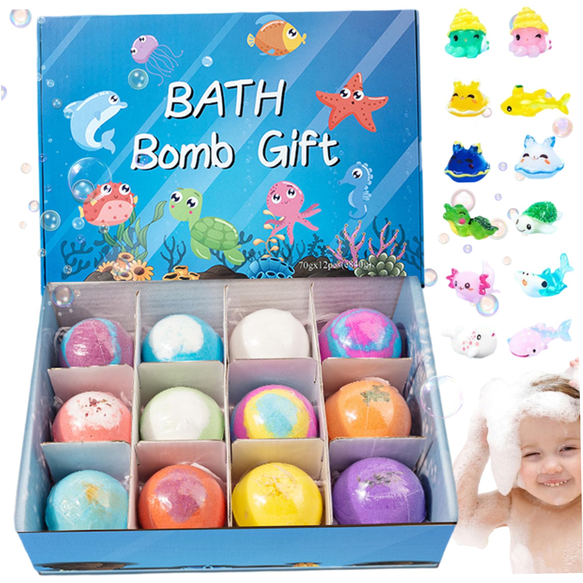 Juego de 12 bombas de baño con juguetes en el interior, bombas de baño de 2 pulgadas con lindos juguetes de animales, suministros de de burbujas coloridas y gaseosas seguras para niños, opc
