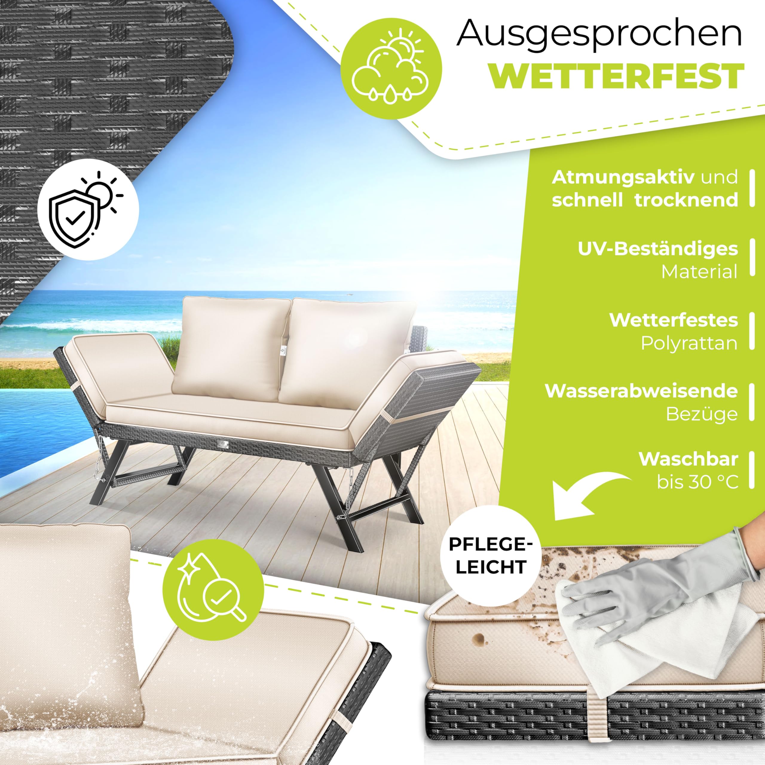 KESSER® Panchina da giardino in polyrattan Luna con funzione sdraiata, divano da giardino 4 in 1, con funzione di regolazione 4 in 1, resistente alle intemperie, braccioli regolabili, extra spessore e