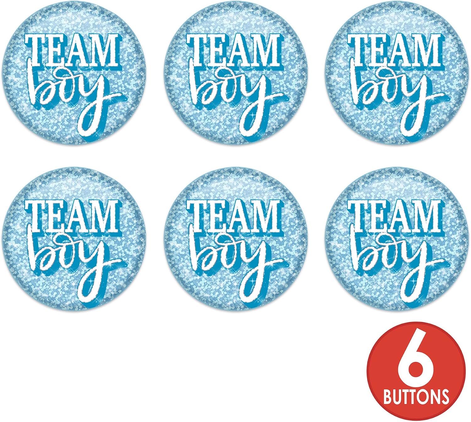 Beistle 6 Piece Prismatic Team Boy Pinback Buttons for Baby Shower Party Favors Gender Reveal Decorations, 2", Blue/White