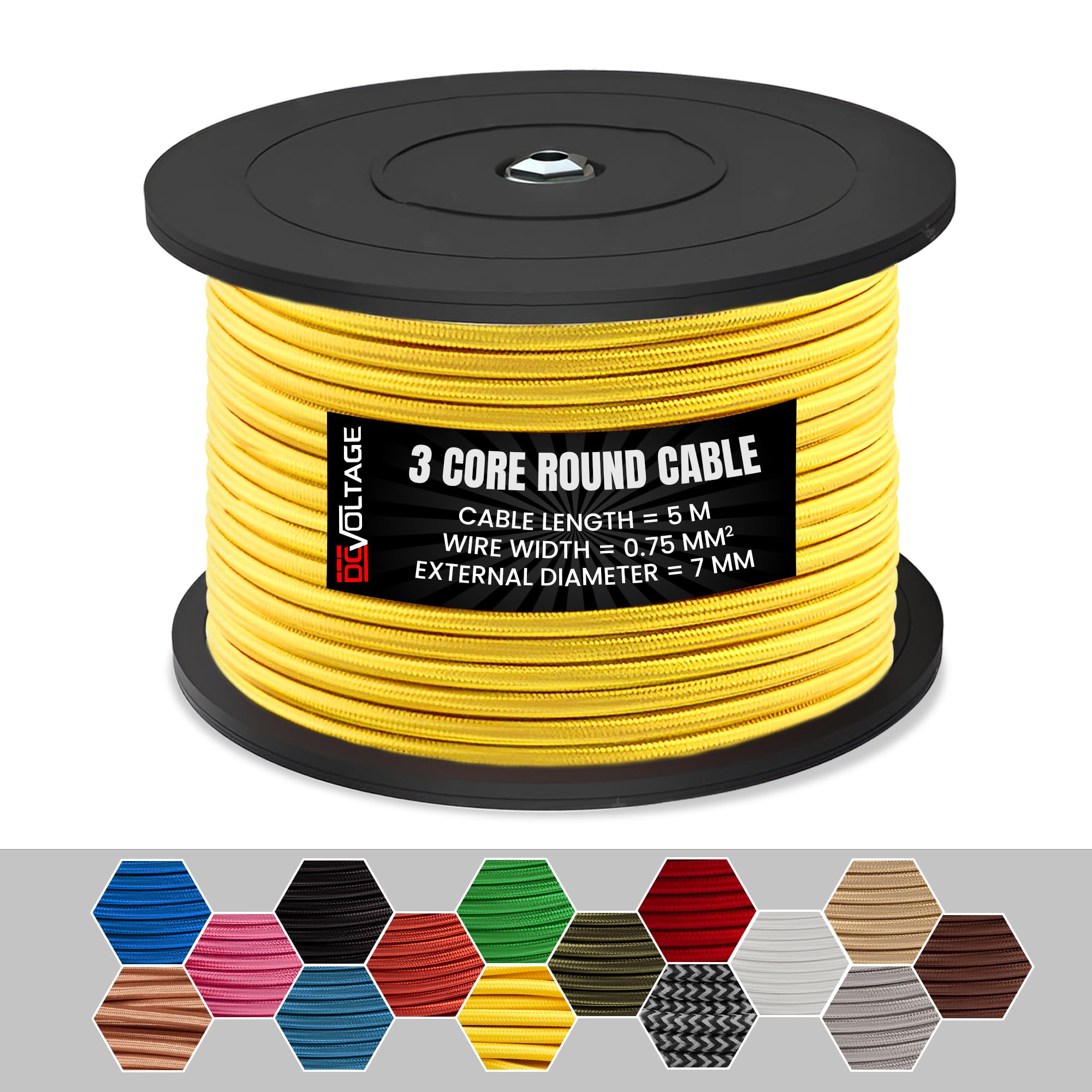 DC VOLTAGE 5m Yellow Cable Vintage 3 Core Round Cable Fabric Cloth Covered Electrical Wire, 16.4ft 3 Conductors 18 Gauge Textile Electric Cable Wire Coated in Colored Vintage for Lighting DIY Project