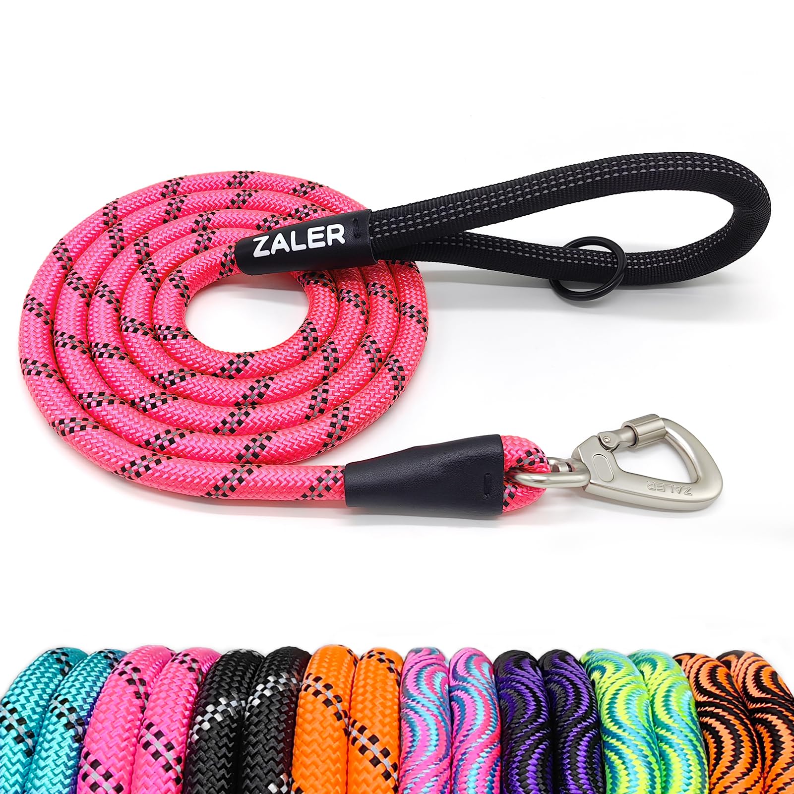 ZALER Rope Dog Leash, 4/5/6/10/15/20/30/50 Foot Reflective Dog Leashes with Carabiner, Heavy Duty Pet Lead for Large and Medium Dogs (6FT, Pink)