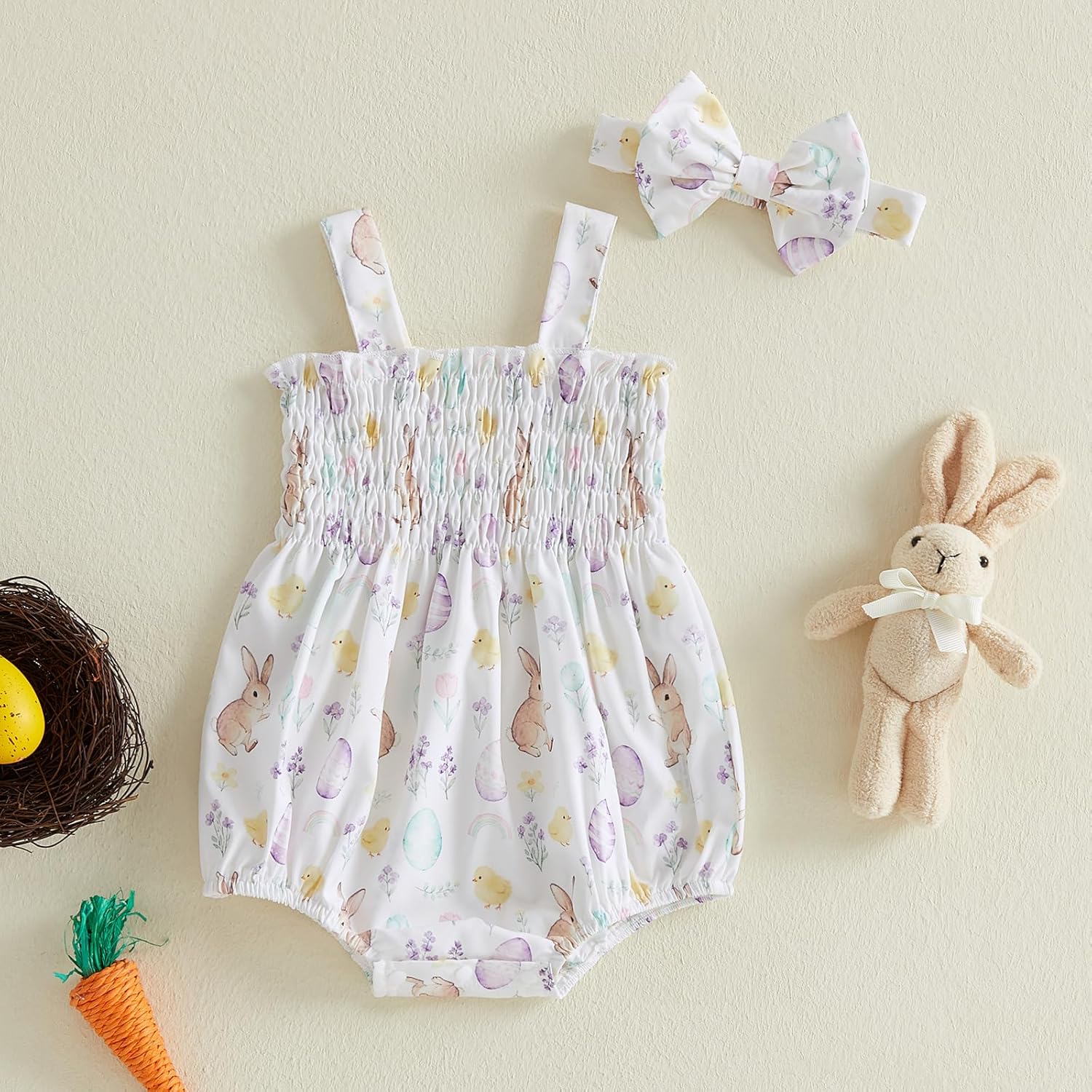Newborn Infant Baby Girl Easter Outfit Strap Bunny Onesie One Piece Sleeveless Bubble Romper + Headband - Image 3