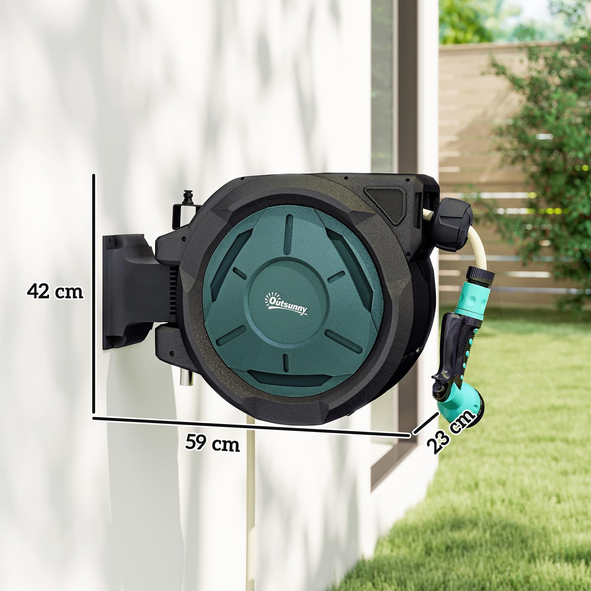 Outsunny Enrouleur Tuyau Arrosage Mural 25 m x Ø 15 mm Automatique Noir | Dévidoir Automatique de Tuyaux d'Eau, Pivotant à 180°, Buse à 7 Modes, pour Jardin et Lavage de Voiture