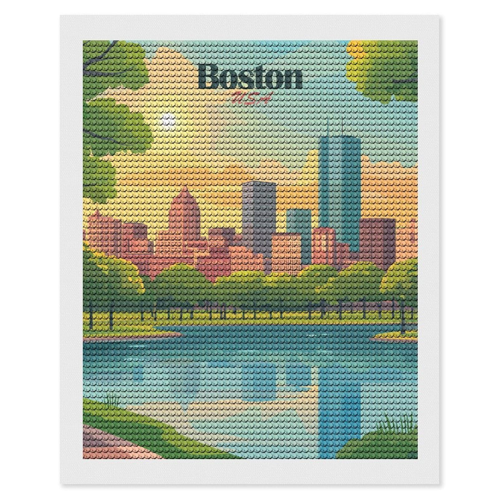Junmoney Boston USA Cityscape Illustration(2) DIY Diamond Art Canvas Kit 16"x20", Adhesive Canvas, Easy to Enjoy, Farmhouse Decor, Festive Craft Gift