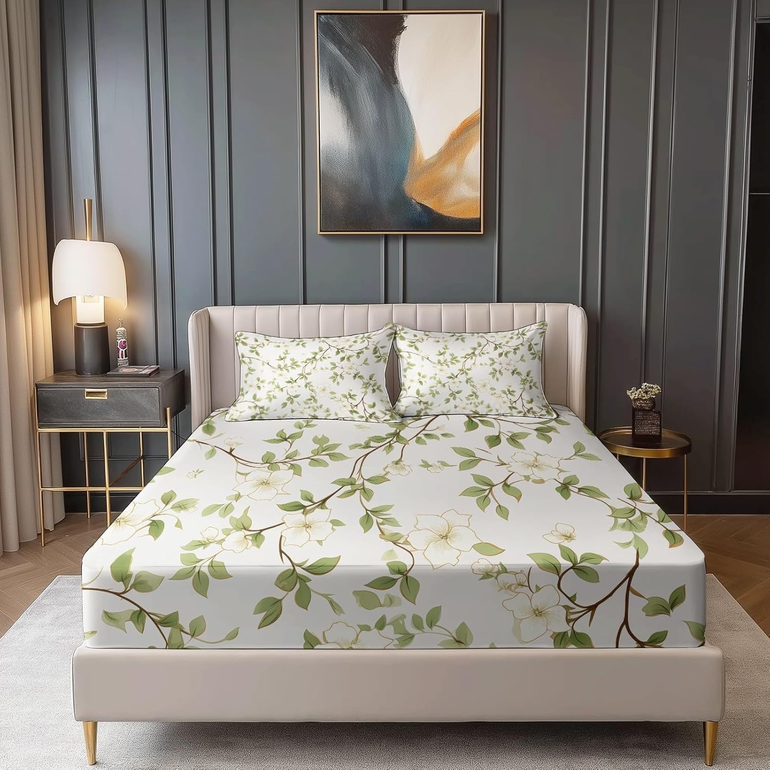 Leaves Fitted Sheet Plants Bed Sheets Deep Pocket 12 inch (30 cm) Soft Cozy 3 Piece Microfibre Bed Sheet 200x200 cm with 2 Pillowcases 50x75 cm