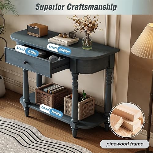 Miniatura 55 de Polibi Mesa consola curvada retro con estante de estilo abierto y 4 cajones superiores, mesa de entrada de media luna de 52 pulgadas de ancho con