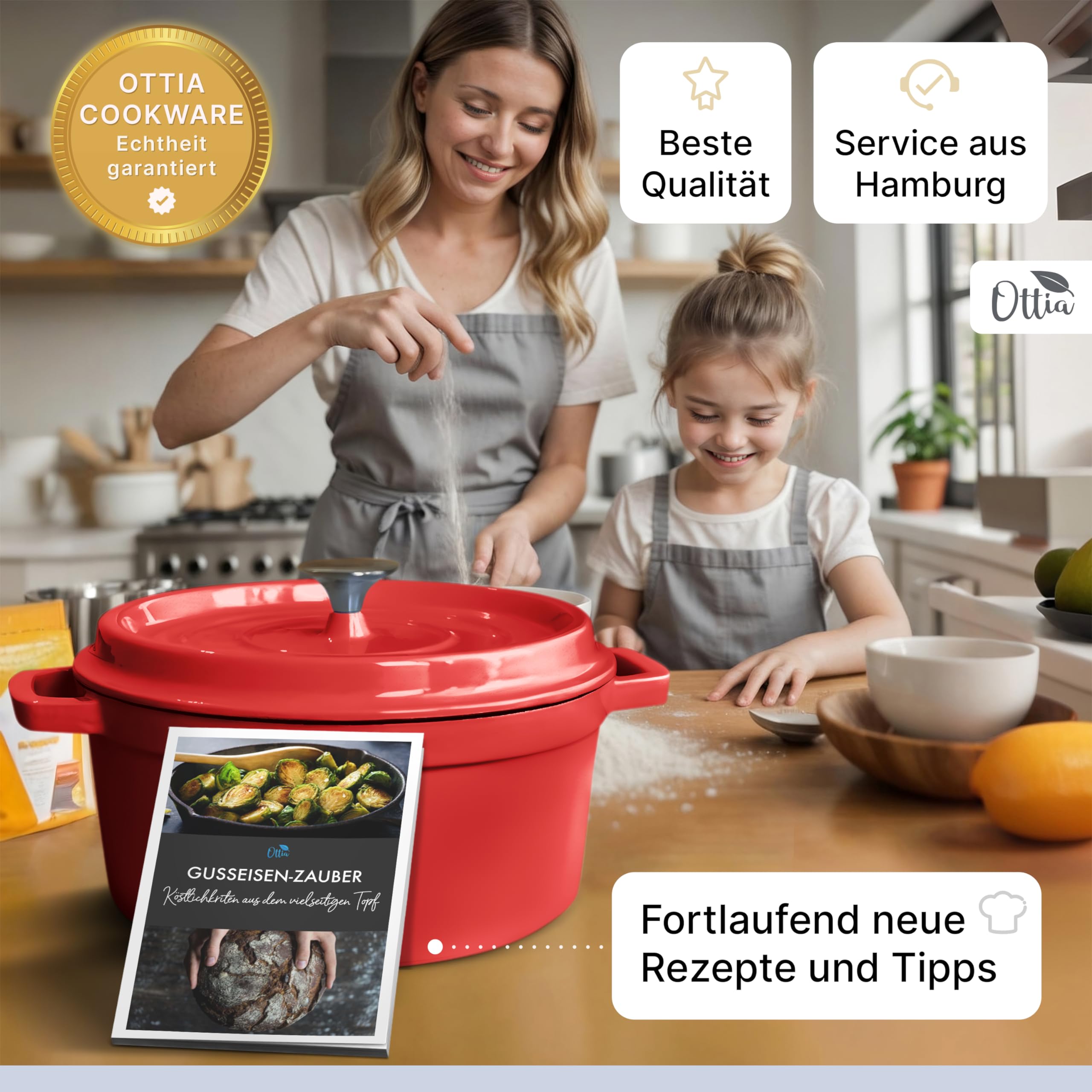 Ottia Pentola in ghisa [con libro di ricette elettroniche] – 28 cm smaltata, ideale per 5 – 8 porzioni – pentola per arrosti