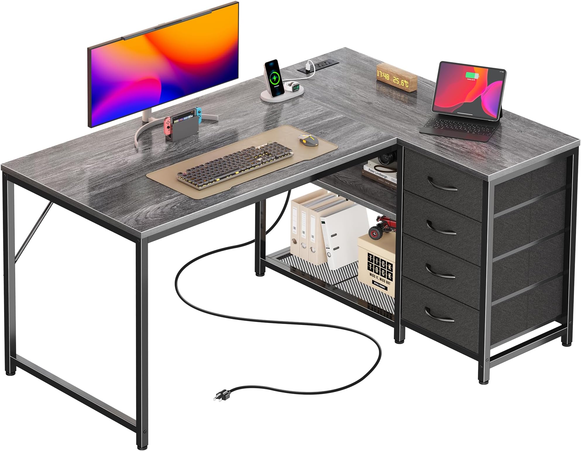 PRAISUN 43.3" Small Computer Desk with Power Outlets and USB-C Port, Reversible L Shaped Corner Office Desk with 4 Fabric Drawers and 2 Height-Adjustable Shelves, for Gaming Writing, Grey
