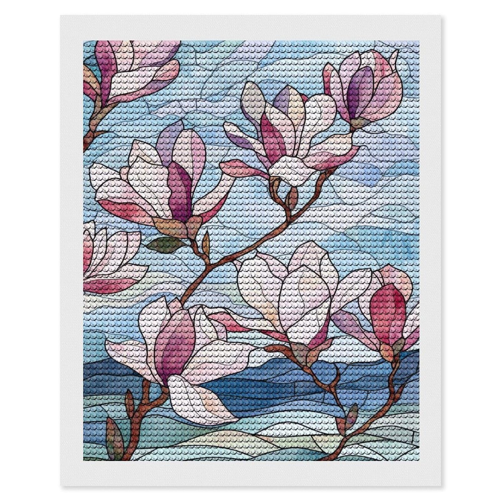 Junmoney Stained Glass Magnolia Flowers Diamond Art Canvas 16"x20", for Teens, Nice Detail and Sparkle, Farmhouse Decor, Festive Craft Gift, Easy to Enjoy