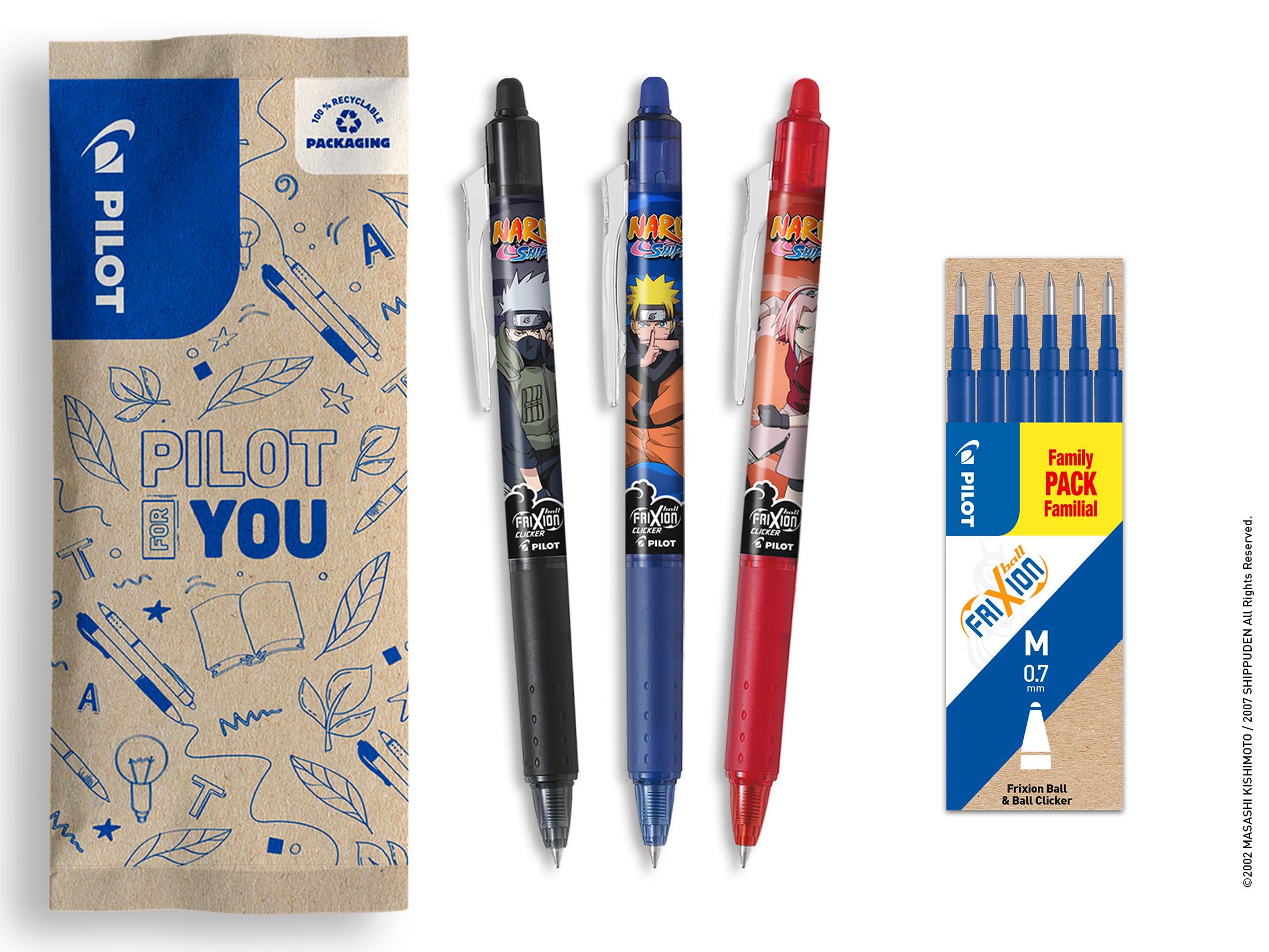 PILOT x NARUTO - 3 uds FriXion Ball Clicker, Negro, Azul, Rojo + 1 Set de 6 recambios azules - Bolígrafo borrable - Naruto Shipudden Edición Limitada - Bolígrafos roller retráctil - Punta media