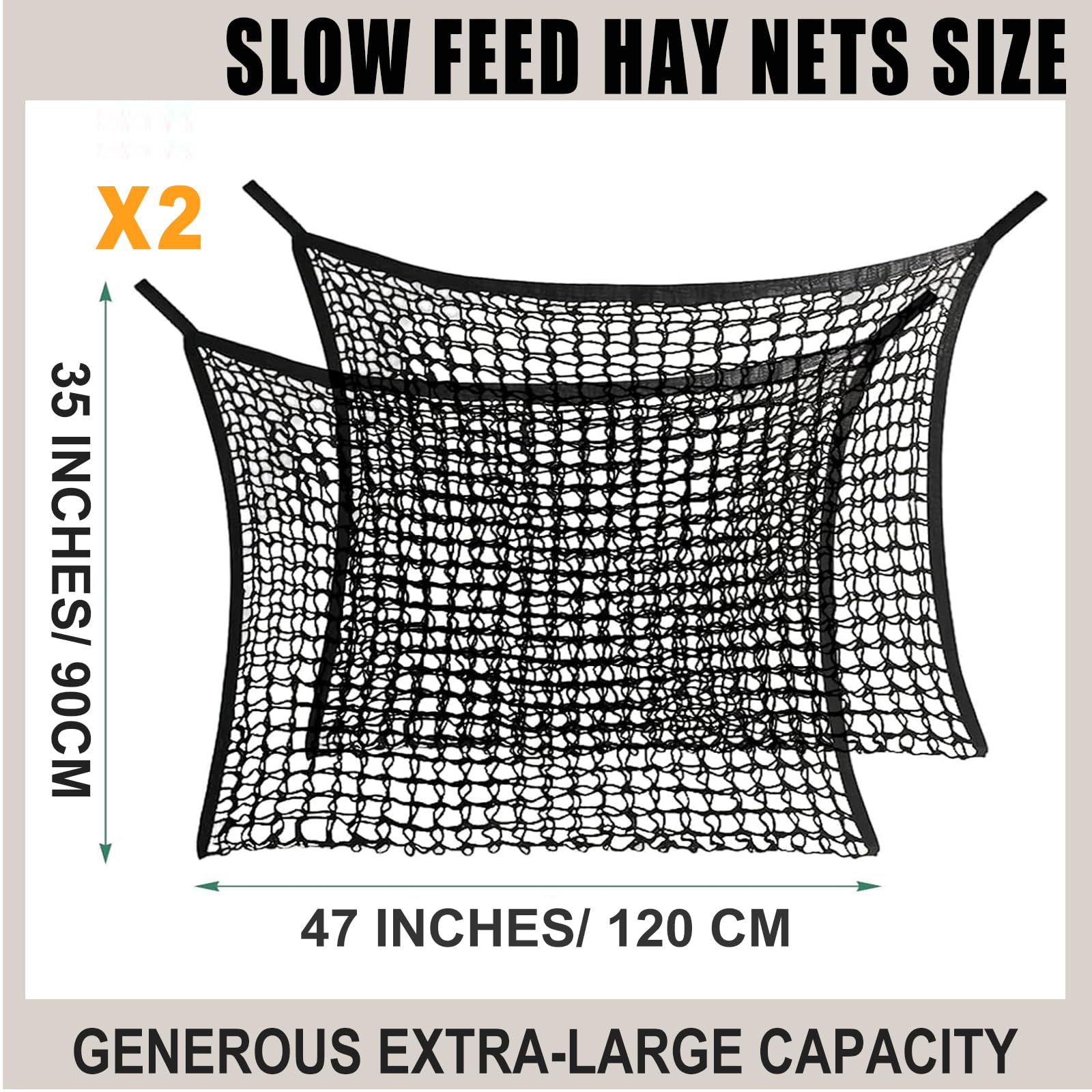 Heunetz für Pferde, langsames Füttern, 90 x 120 cm, robuster Heusack, Polyester-Netz mit Polypropylen-Kanten, idealer Futterspender für Pferde, Ponys, Ziegen, Schafe und Esel, perfekt für Anhänger