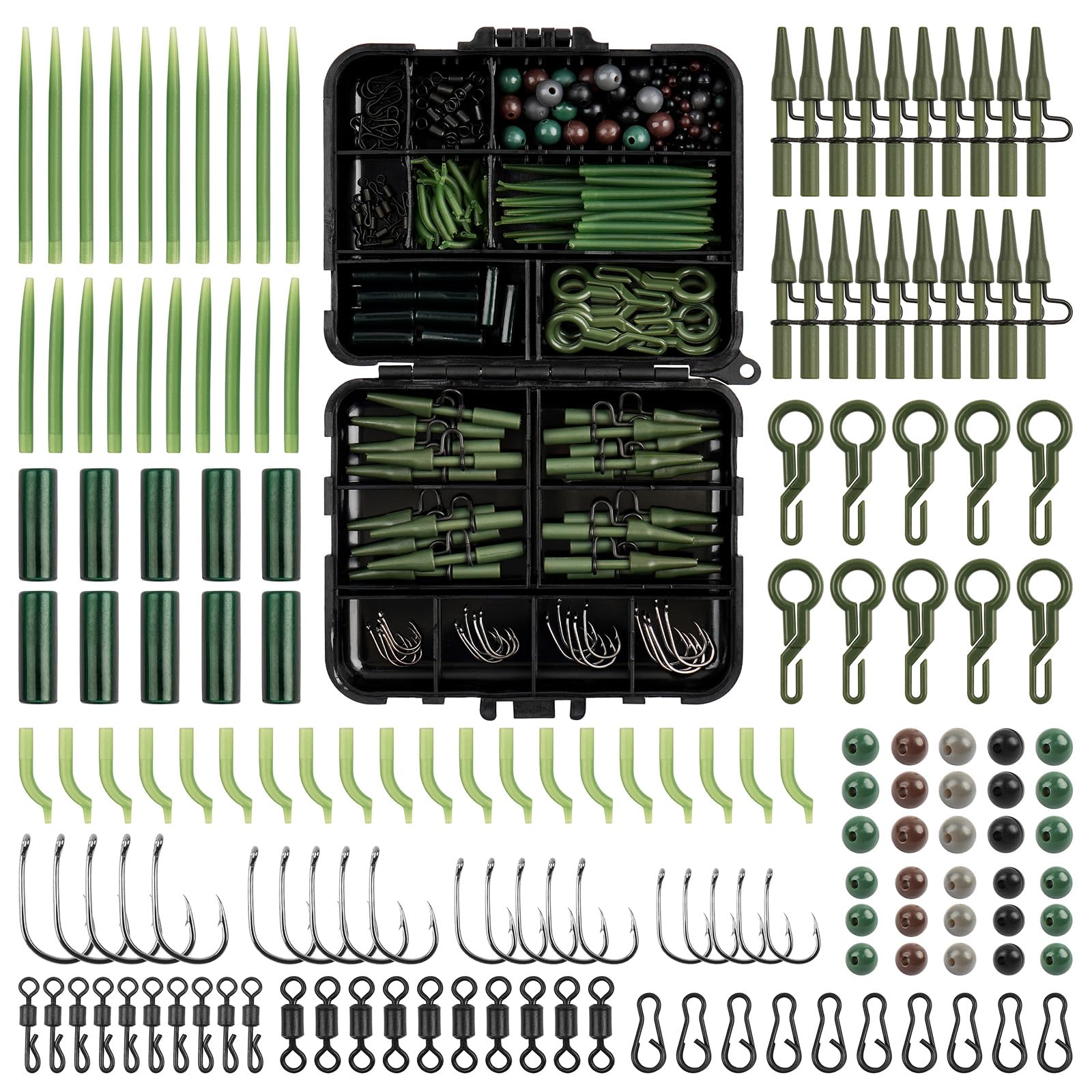Jshanmei 160Pcs Carp Box Kit 160Pcs Carp Fishing Tackle Box Kit Carp Terminal Tackle Accessories Including Quick Change Swivels Carp Hooks Beads Rig Tubes Leader-Clips Anti-Tangle Sleeves Baits Carp Fishing