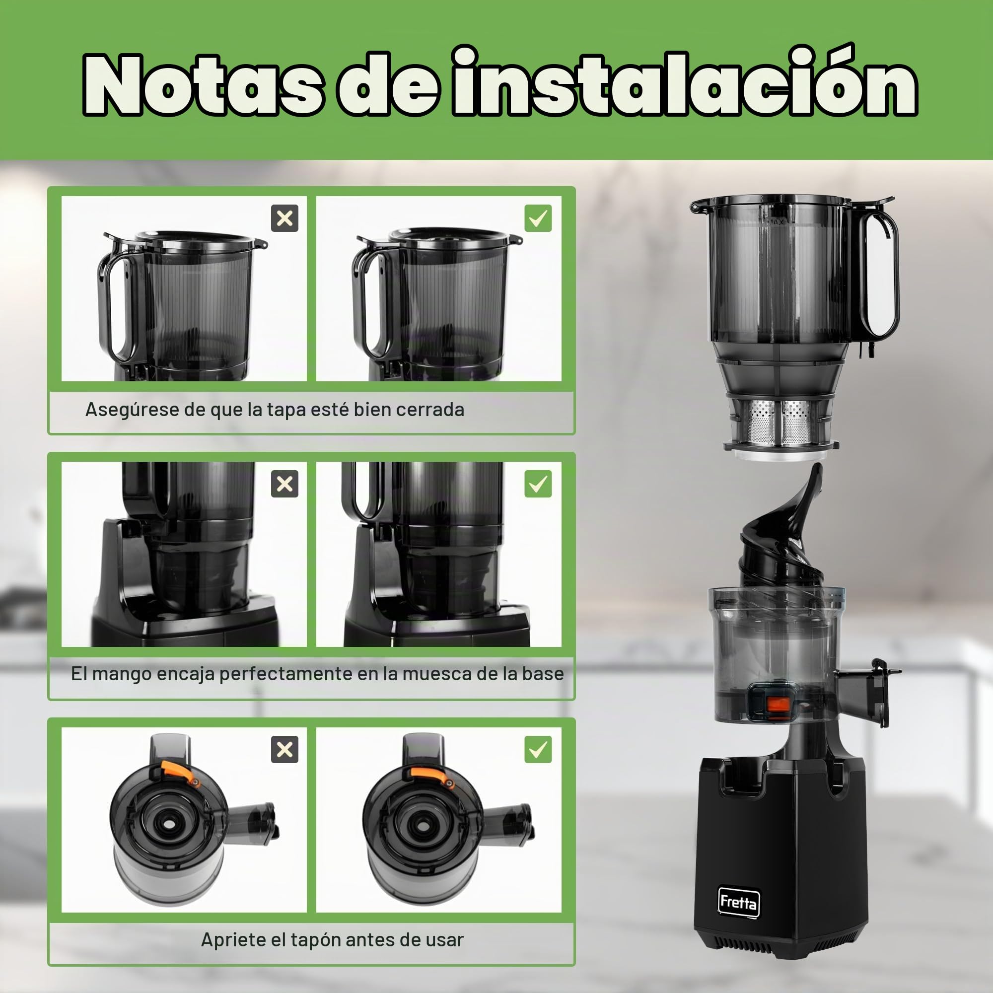 Fretta Extractor de Zumos para Reuniones Boca 5.3 Pulgadas Capacidad 1,8 L | Filtro triple para mayor rendimiento, admite frutas enteras, piezas desmontables, fácil de instalar y limpiar