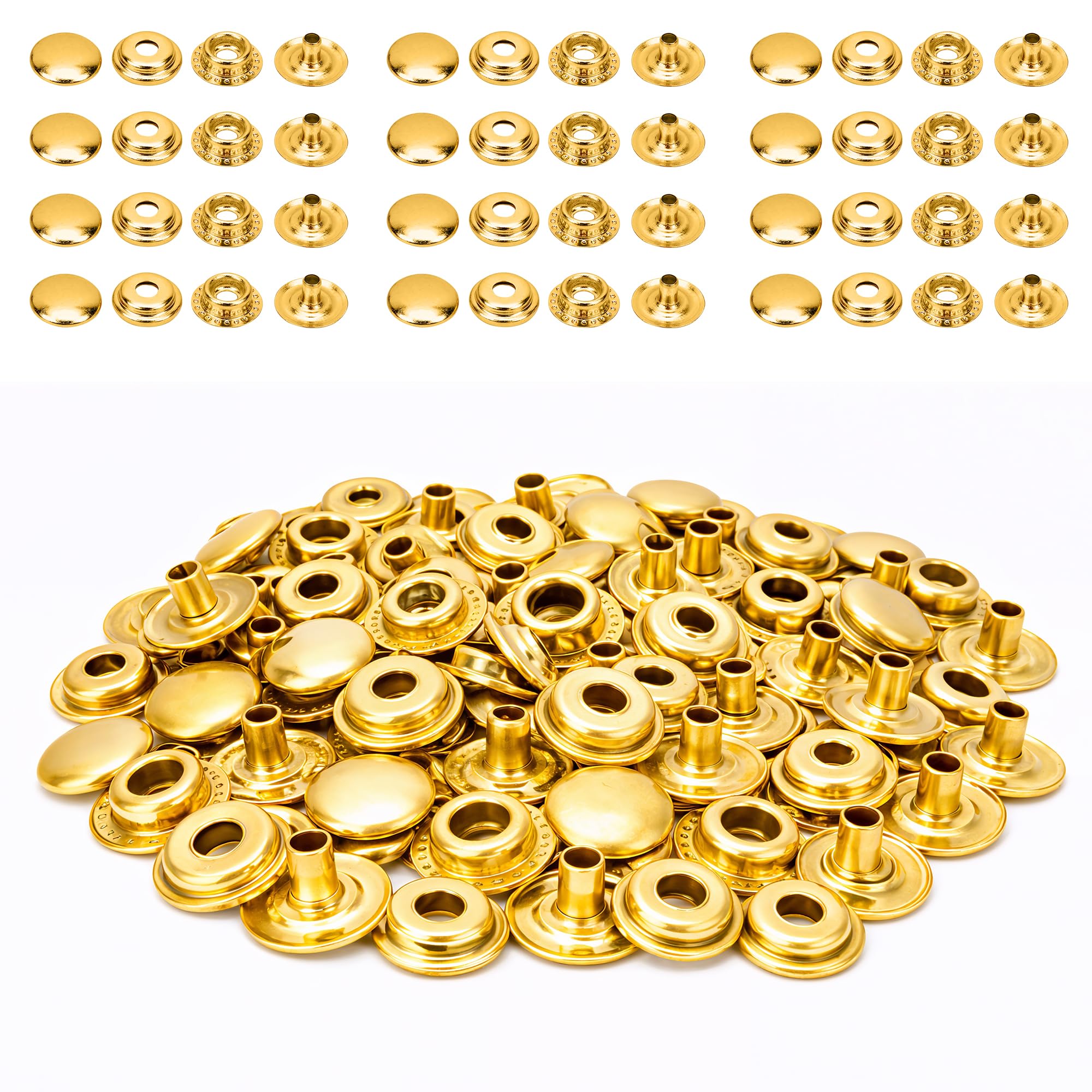Weddecor 15mm Large Press Studs Heavy Duty Iron Four Parts Snap Fasteners for Leathercrafts, Boat Cover, Repair, Replacement, Clothing, Gold, 100 Sets