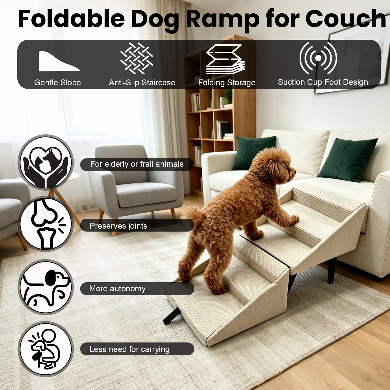 Escalera para Perros Plegable, 2 en 1 Multifuncionales Rampa para Perros y Otomana, Antideslizante Escaleras y Escalones para Pequeños, Soporta Fácil Acceso a Camas y Sofá