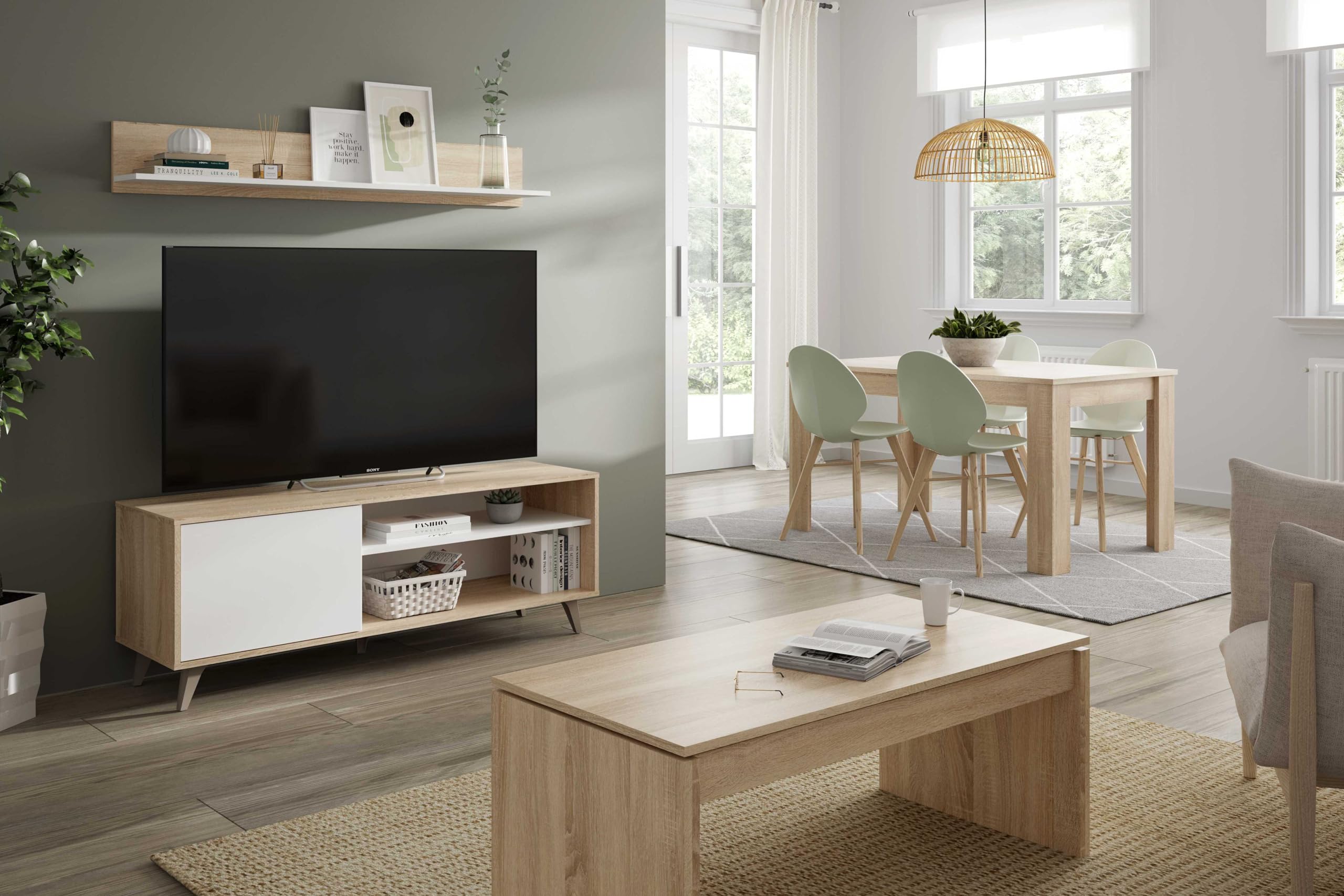 amuéblate online - Mueble Moderno de TV con 1 Puerta y 2 Compartimentos + Estante en L, Modelo Edu, Acabado en Color Blanco y Roble Canadian