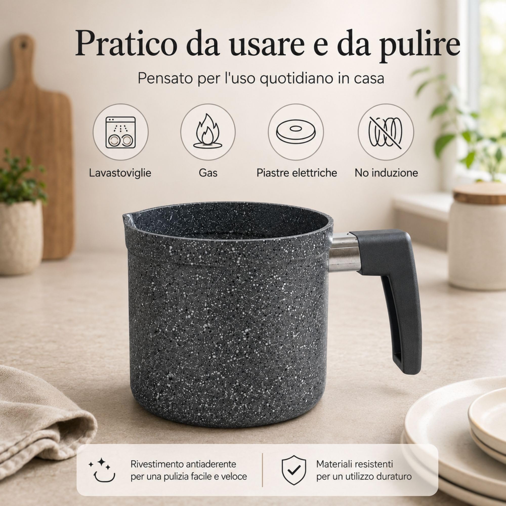 NAMAI - Bollilatte Antiaderente 11 CM Ø, Alluminio Resistente, Manico Ergonomico, Effetto Pietra, Pratico e Resistente, No Induzione, Pentolino Latte