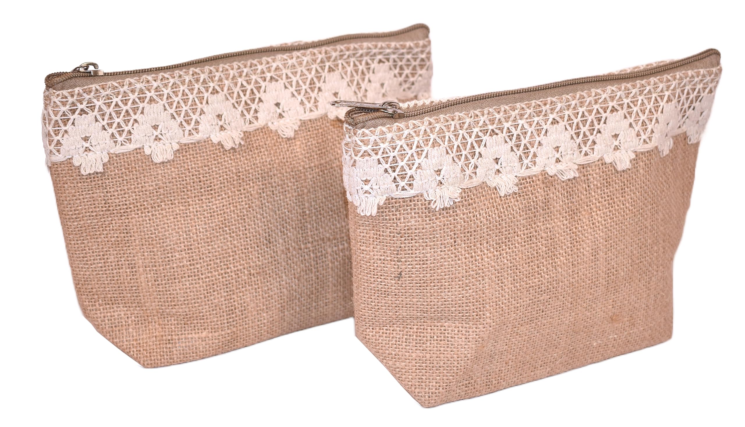 Daffodil Utility Jute Boat Pouch with Lace Work Canvas Pouch with Zipper Jute Pouch for Men & Women Multipurpose Pouch Jute Cosmetic Pouch Pencil Pouch Beige Colour (Pack of 2)-image-28