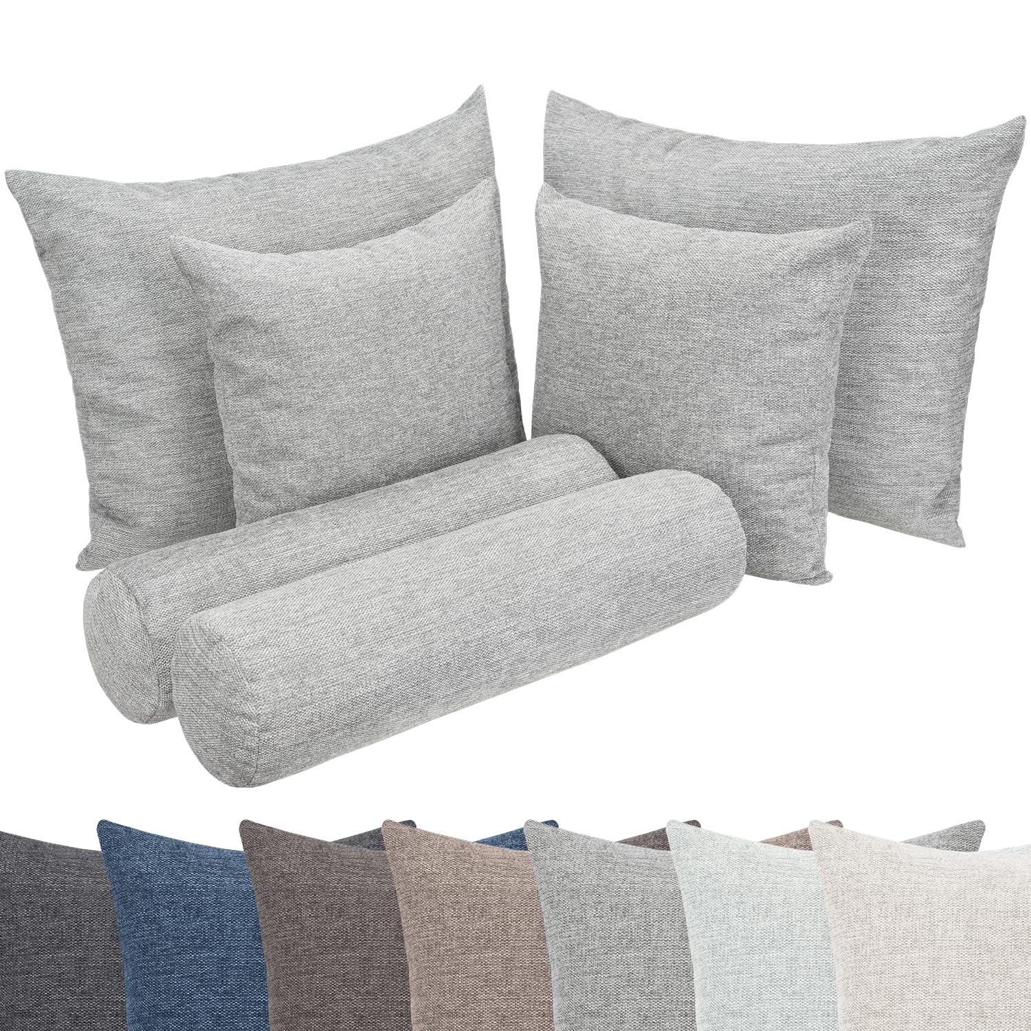 Selfitex Großes 6-teiliges Boxspringbett Kissen Set, 2X 60x80/2x 50x50/2x Nackenrolle 19x65, Sofakissen inkl. weichen Füllkissen, stilvolles Dekokissen Set für Bett und Sofa (Grau)