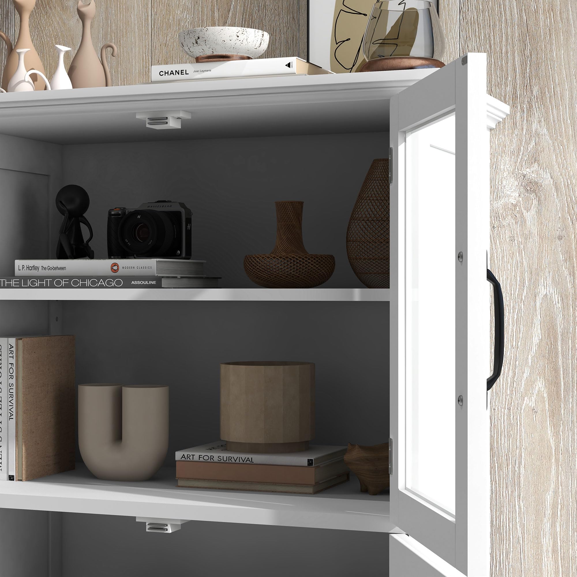 HOMCOM Buffet de Cuisine Armoire de Cuisine contemporaine Multi-rangements 2 placards, Portes en Verre, 4 étagères en Bois Blanc