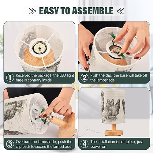 Miniatura 4 de Lámpara de mesa retro vintage con pollo, lámpara de mesita de noche con base de madera, lámpara de tela, lámpara de mesita de noche, lámpara de