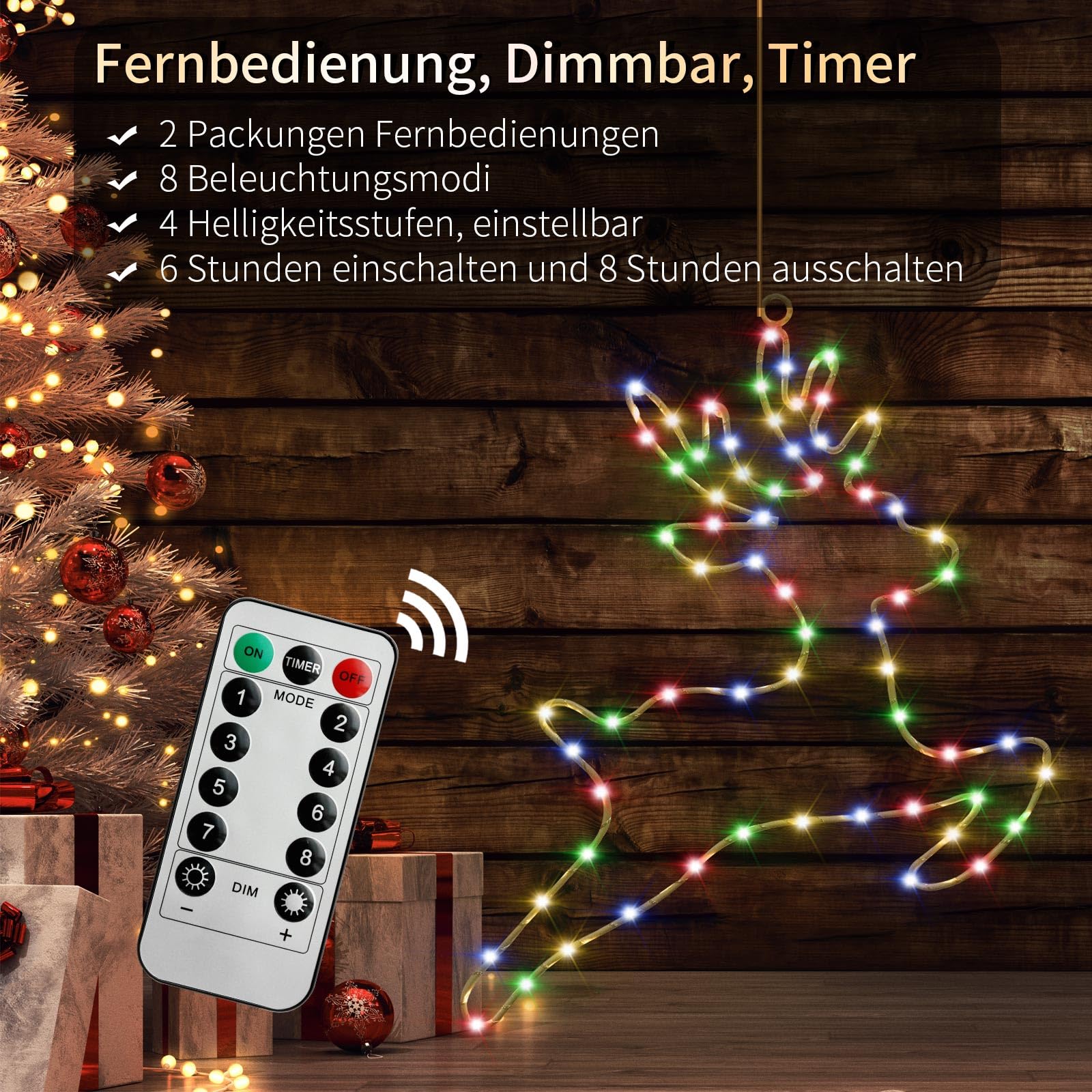 Catena luminosa illuminata con renna decorativa natalizia, 2 pezzi 80 LED, funzionamento a batteria, illuminazione natalizia per finestra con timer, 8 modalità, luci natalizie, decorazione per