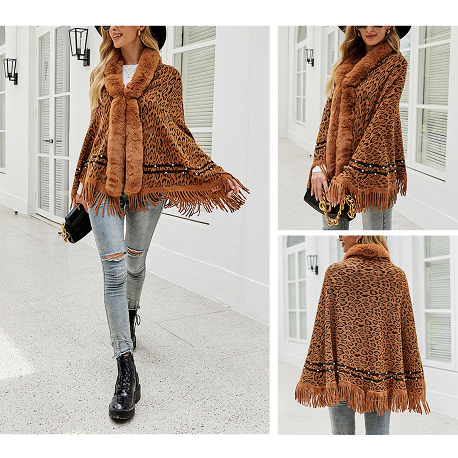 Frauen Gestrickt Schal Schal Leopard Kunstpelz Mantel Quaste Saum Warm Mantel Poncho Strickjacke Pullover Cape