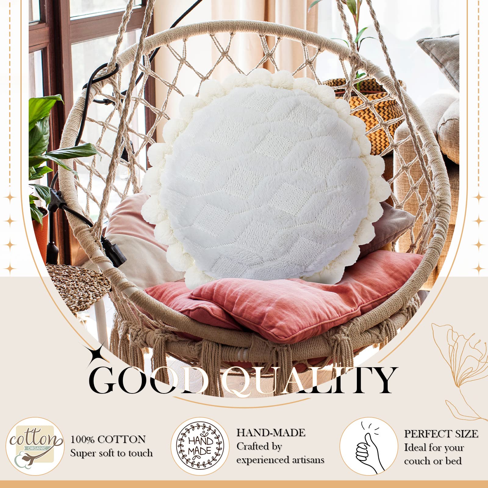 Tranqun Boho-Kissenbezug, 40 cm, rund, Bohemian-Stil, dekorativer Kissenbezug, handgetuftet mit groben strukturierten Pompons, Kissen für Couch, Sofa, Bett, Pouf, Yoga, Beige/Weiß, 2 Stück
