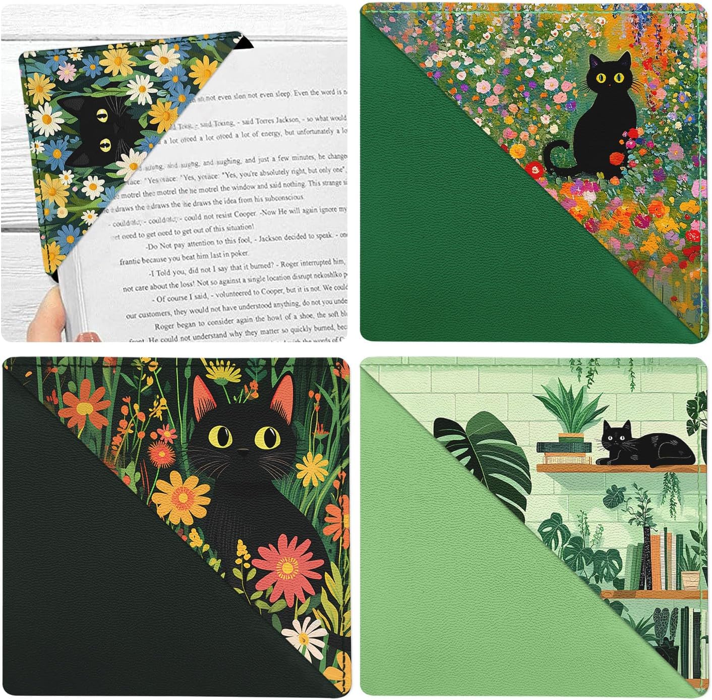 Black Cat Floral Corner Bookmarks 4 Pcs,Cute Funny Leather Bookmark Book Accessories for Book Lovers, Reading Book Page Markers for Women Men Student Teacher Office Stationery