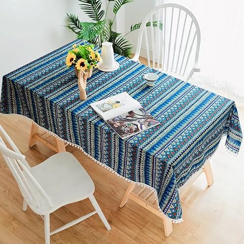 Miniatura 5 de YUURAIN VUVU - Mantel rectangular de algodón bohemio azul bohemio, con pompones cosidos para cocina, comedor, mesa, decoración, fiesta de té, bodas,