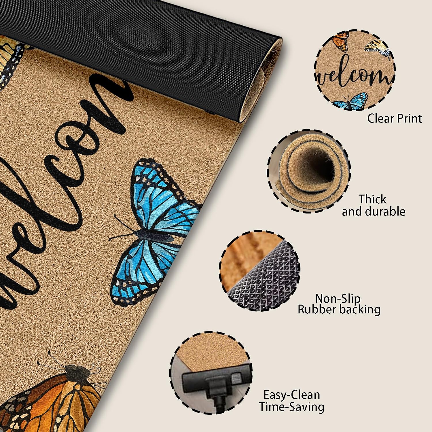 Spring Butterfly Coir Doormat Door Welcome Mat for Home Entrance Front Door, Rustic Farmhouse Colorful Butterfly Welcome Floor Mats for Outdoor Outside Entryway 30x17 Inch