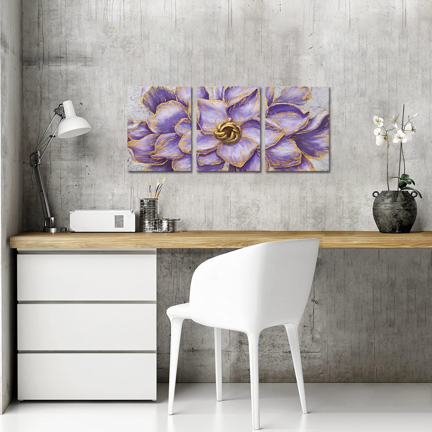 Kalormore Purple Gold Flowers Painting 3 Pieces Vintage Floral Canvas Prints for Home Living Room Bedroom Wall Decoration Gallery Wrapped Premium Picture Artwork - Image 2
